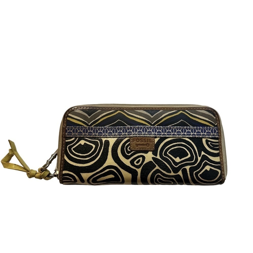 Fossil KEY-PER Wristlet Coated Wallet Clutch Zipper Organizer Yellow Blue 3792